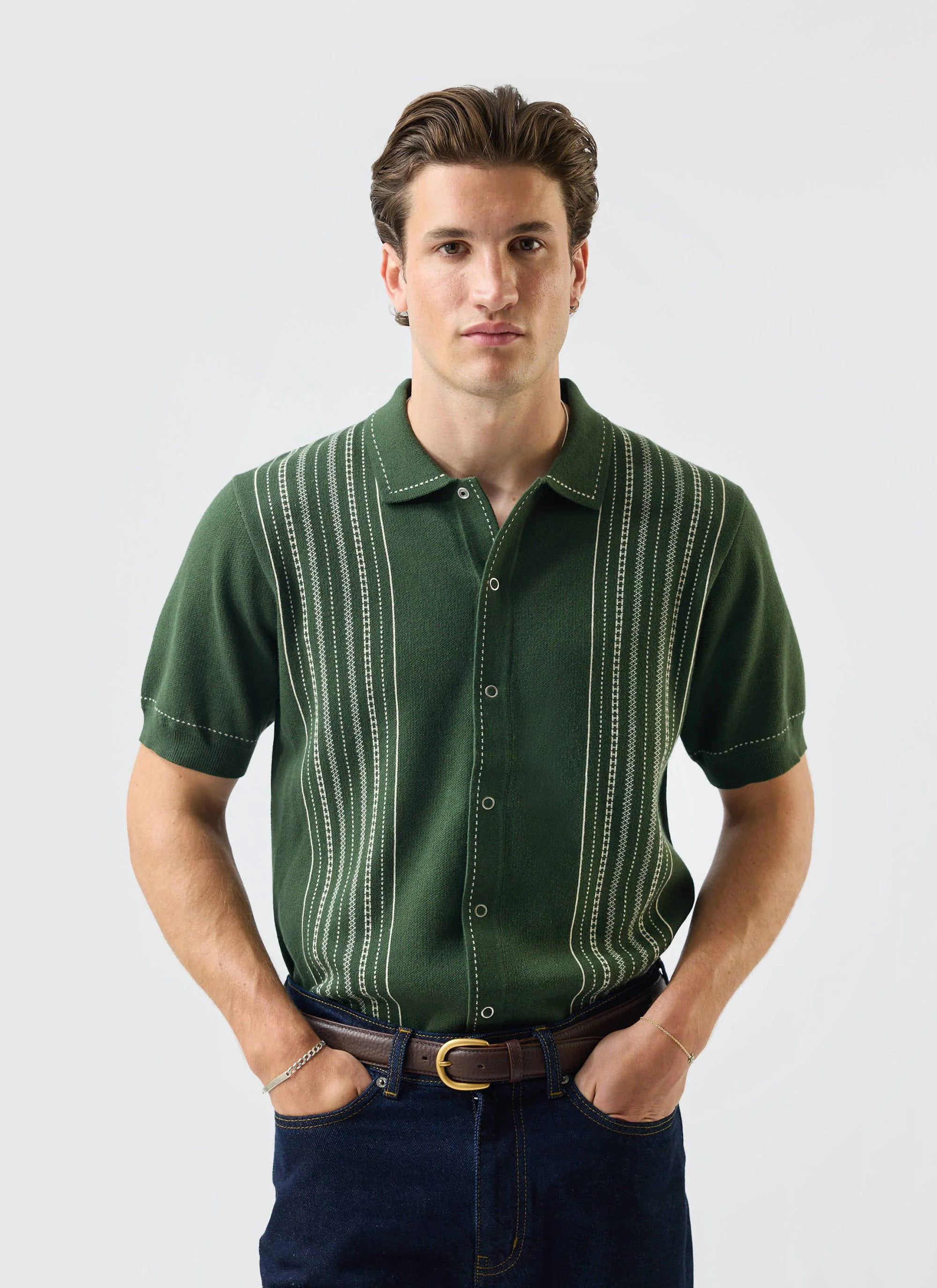 Accolades Knitted Short Sleeve Shirt | Cotton | Forest Green - Image 9