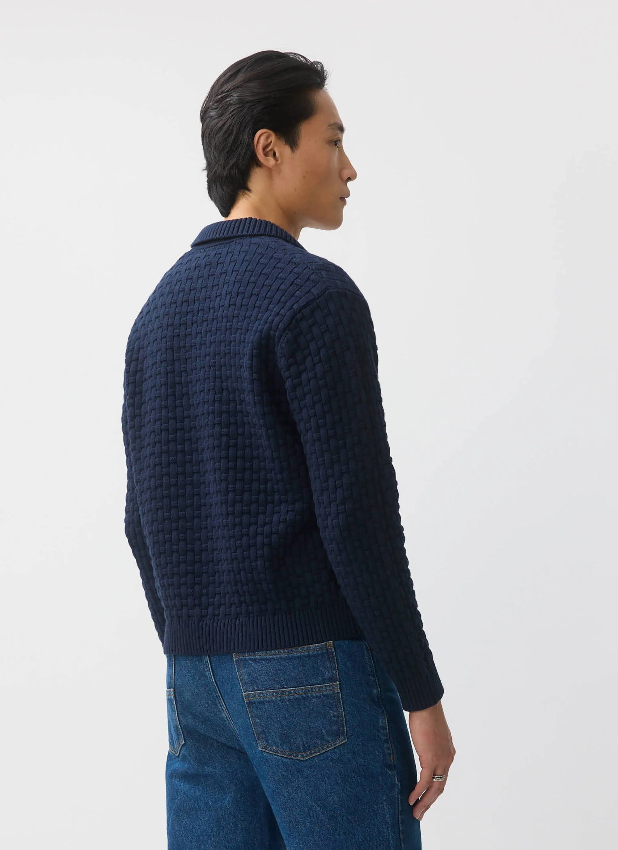 Archer Basketweave Long Sleeve Knitted Shirt | Cotton | Navy - Image 4