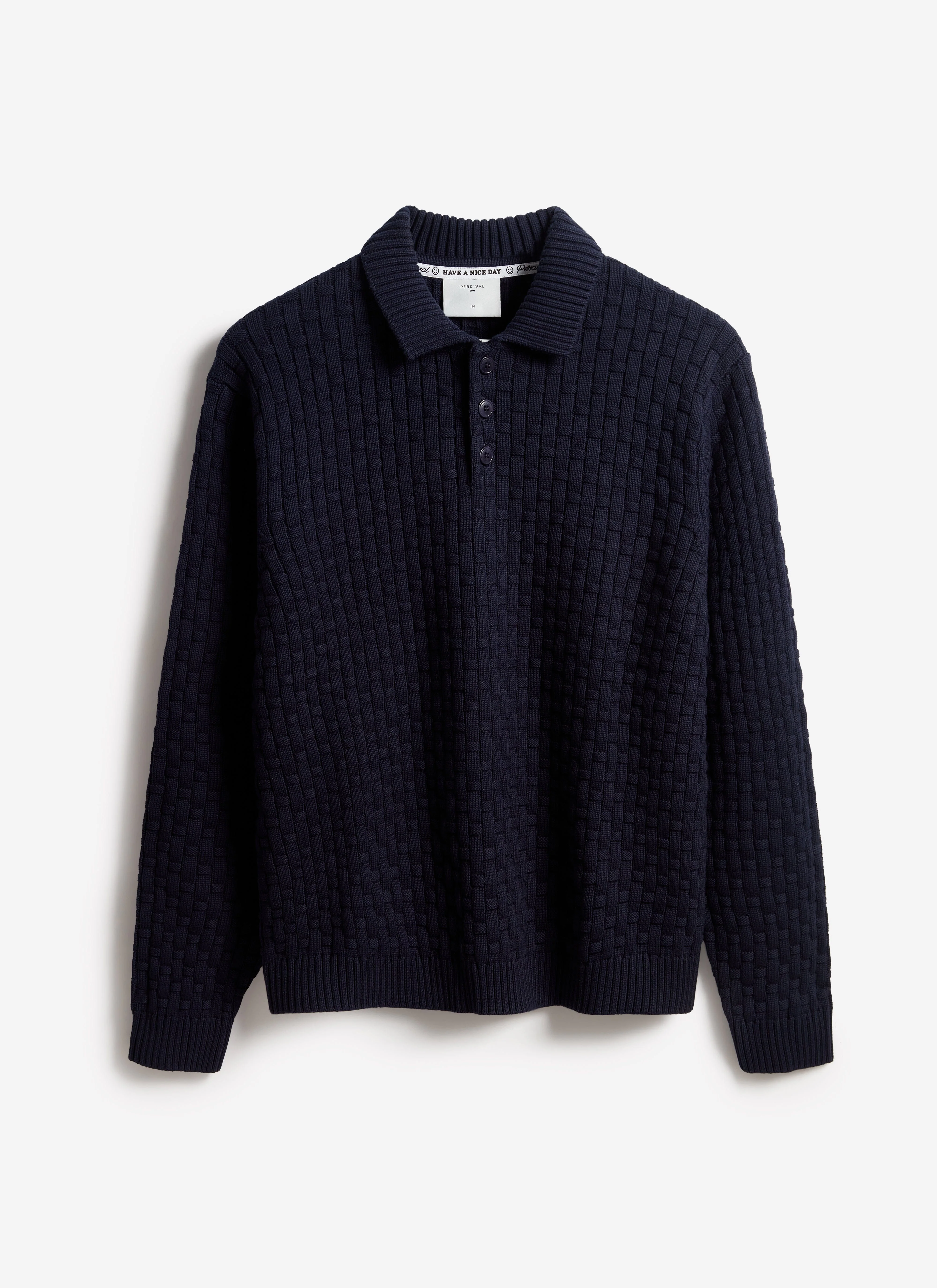 Archer Basketweave Long Sleeve Knitted Shirt | Cotton | Navy - Image 6