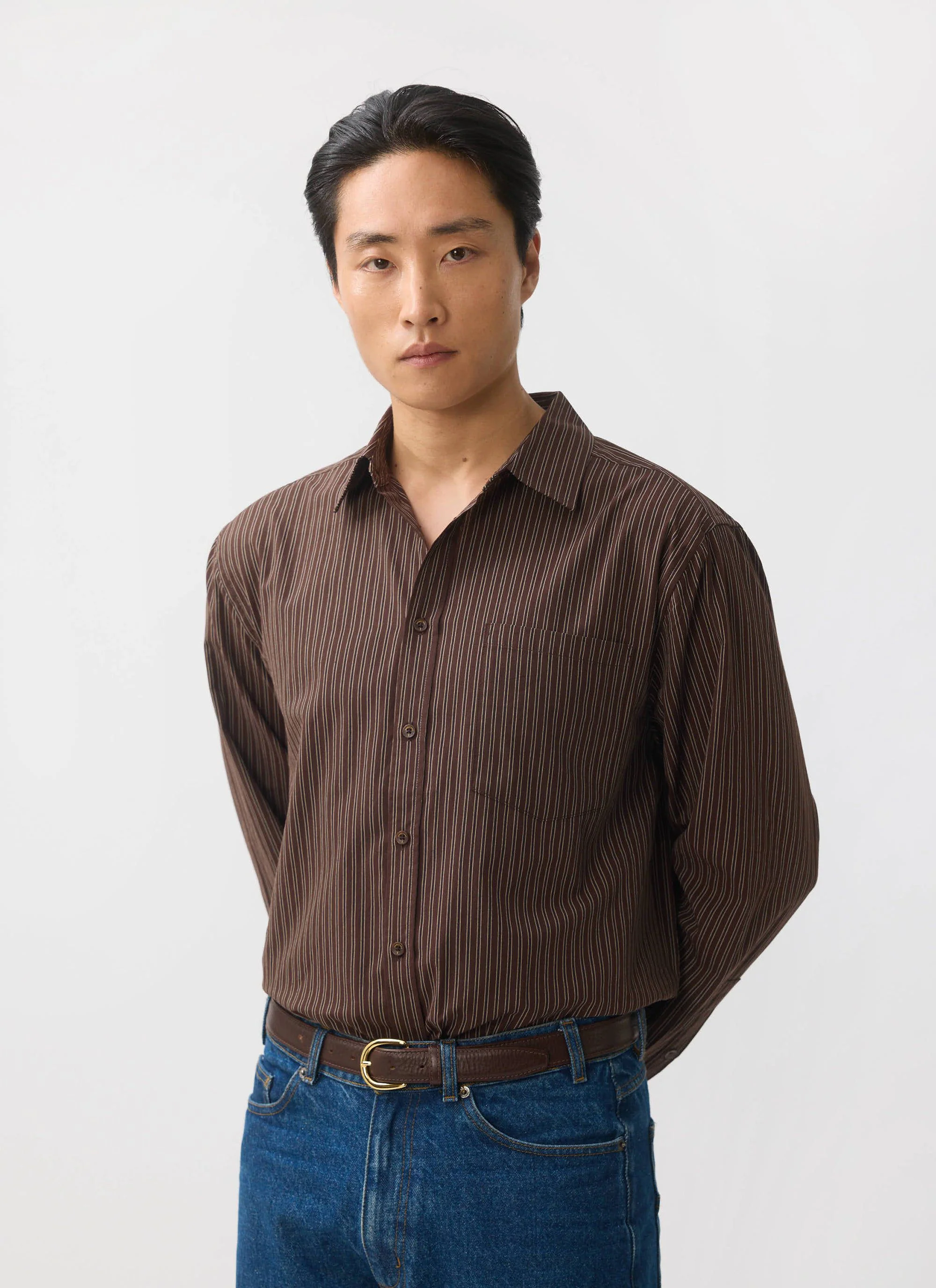 Clancy Striped Long Sleeve Shirt | Cotton | Brown - Image 3