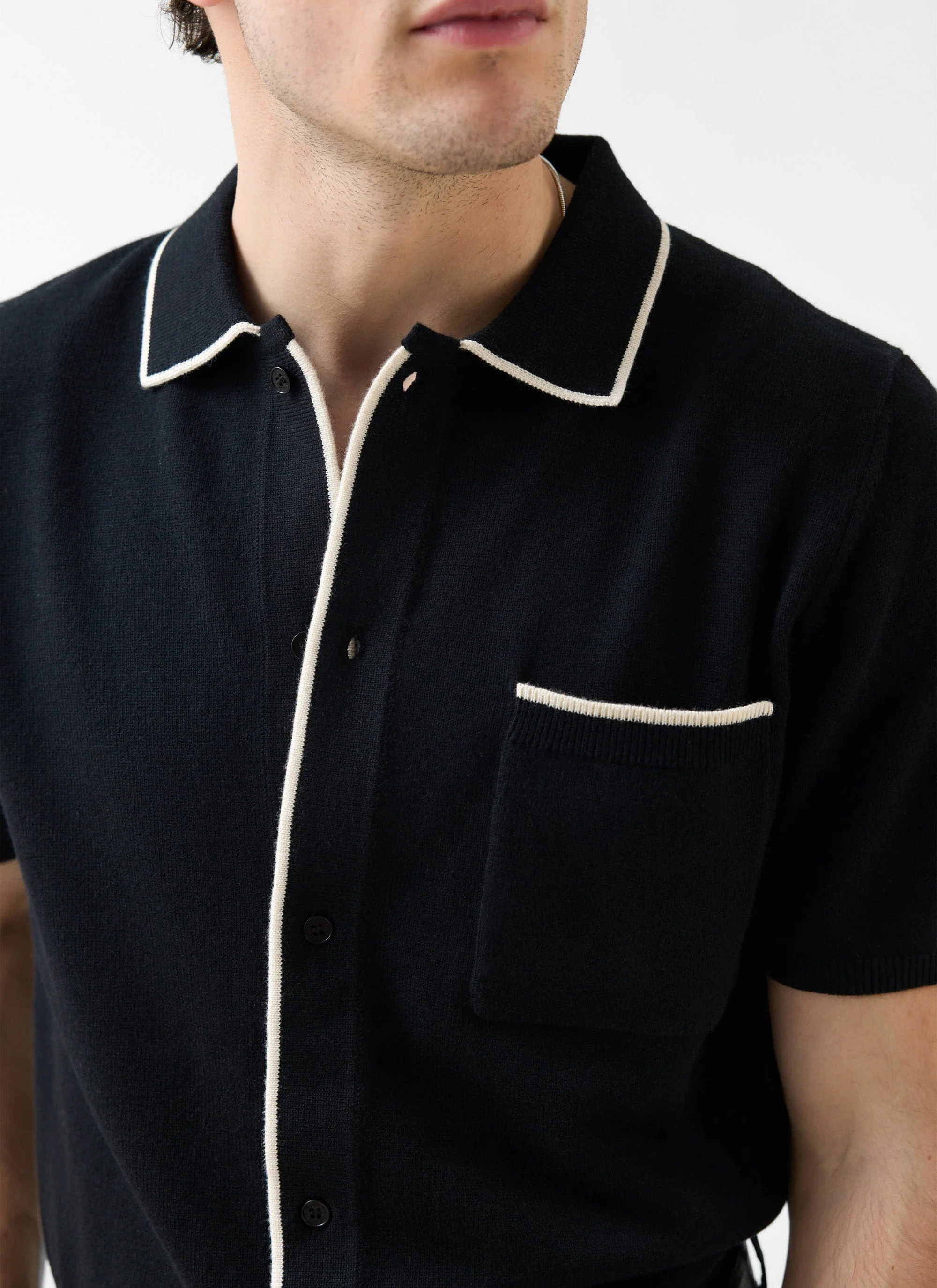 Contrast Trim Regular Knitted Shirt | Wool | Black - Image 3