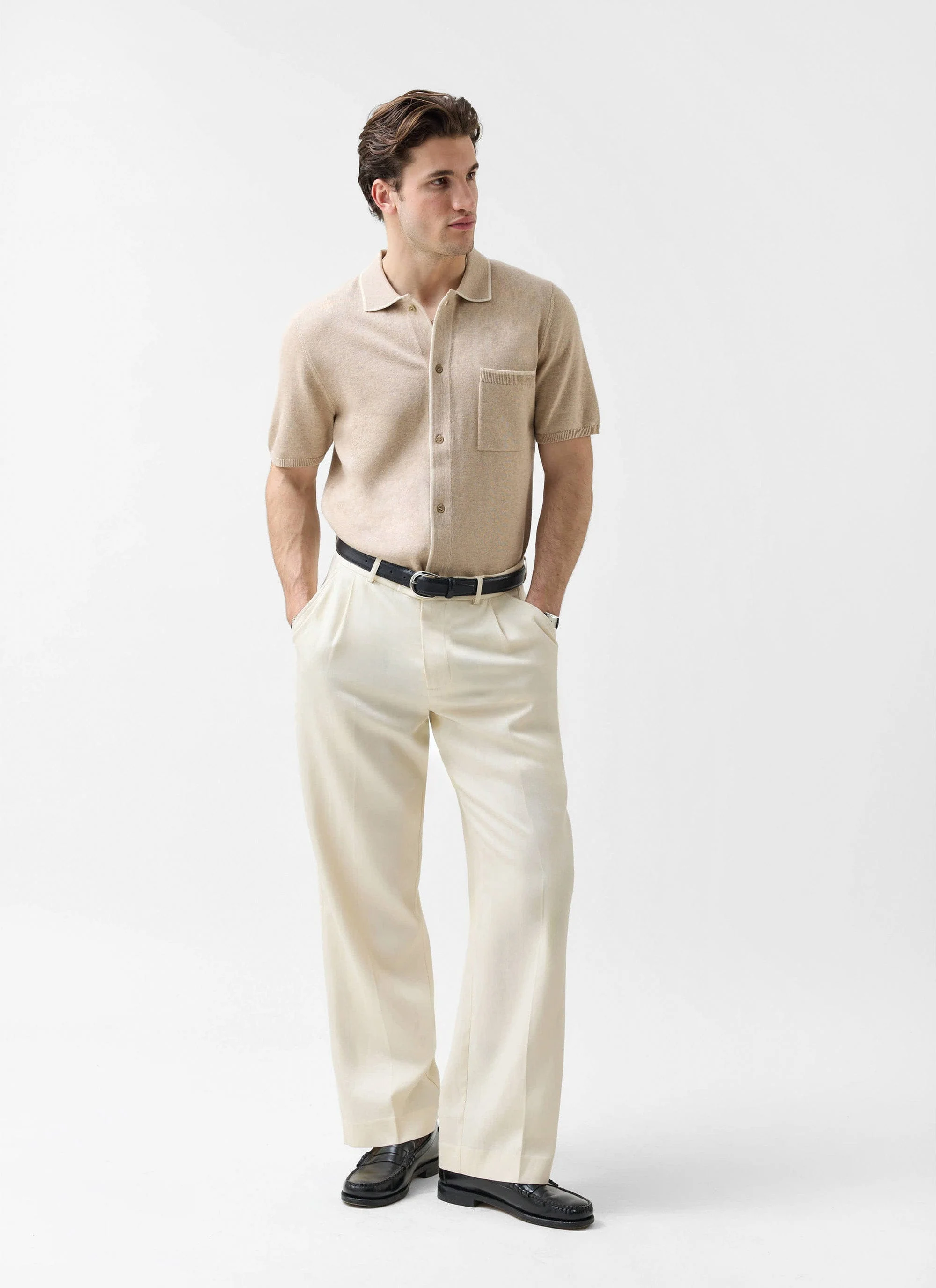 Contrast Trim Regular Knitted Shirt | Wool | Beige