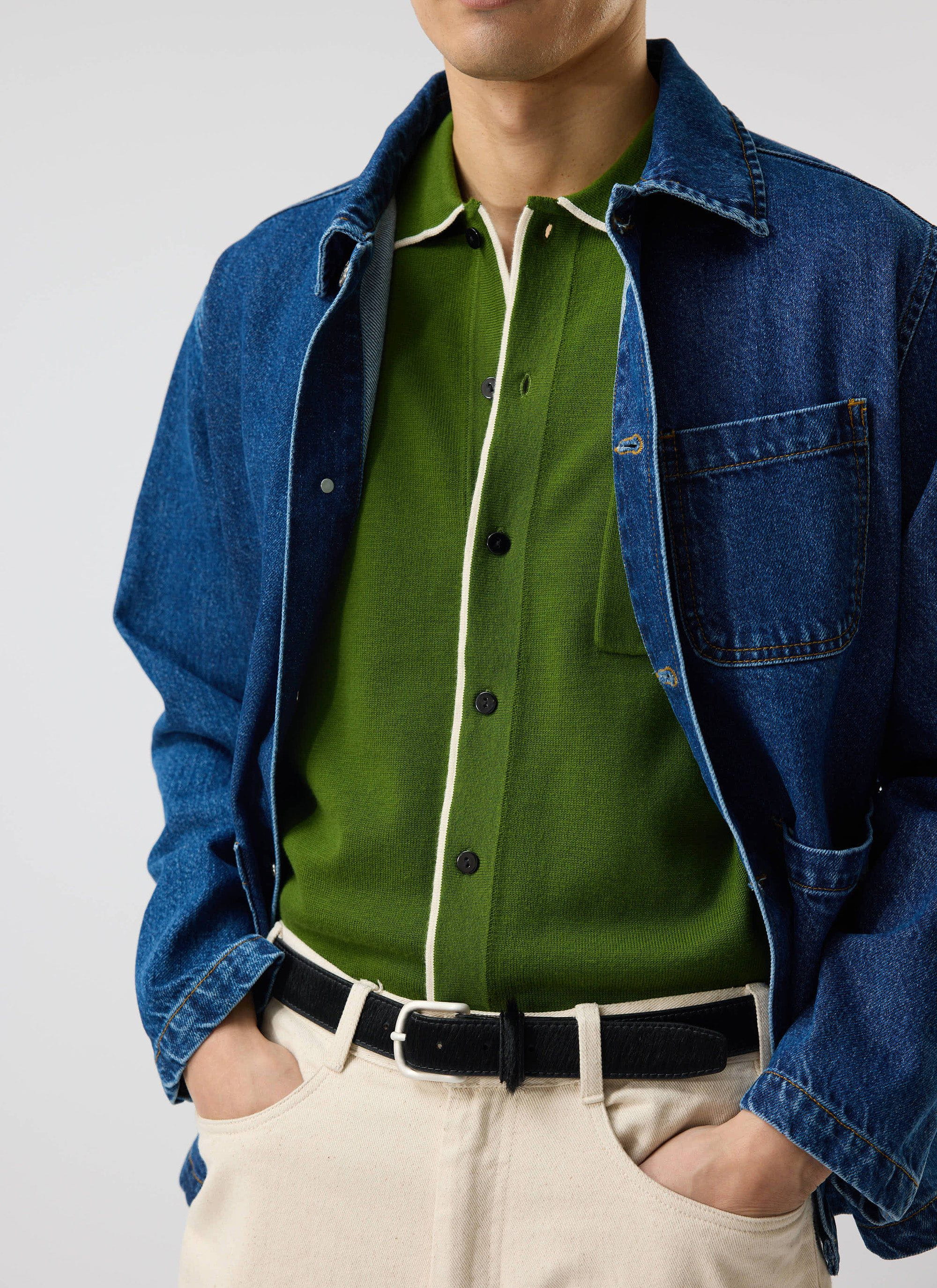 Contrast Trim Shirt | Wool | Forest with Cream - Image 11