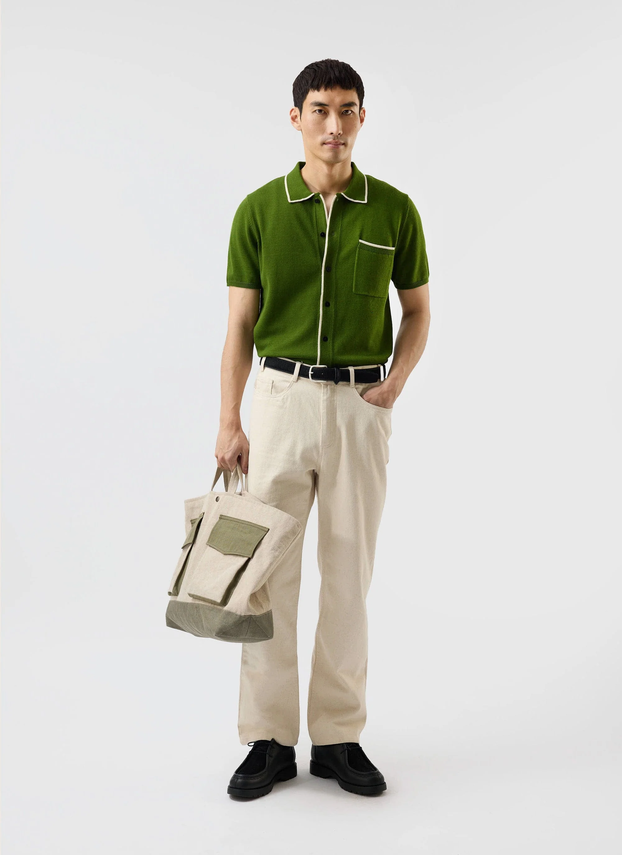Contrast Trim Shirt | Wool | Forest with Cream - Image 3