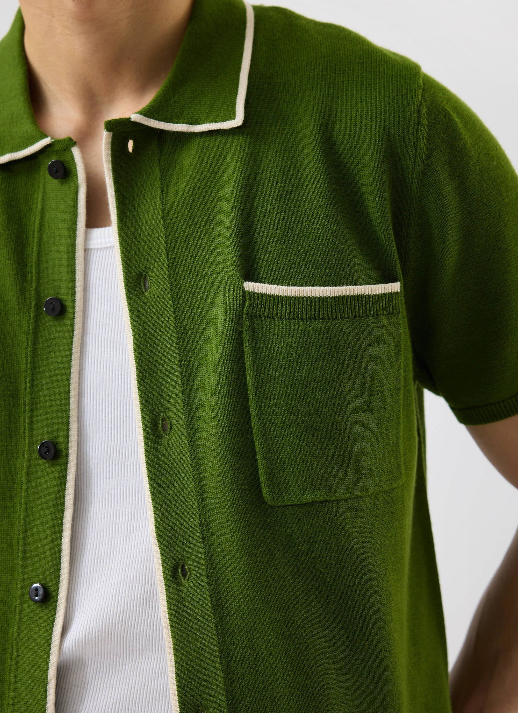 Contrast Trim Shirt | Wool | Forest with Cream - Image 5