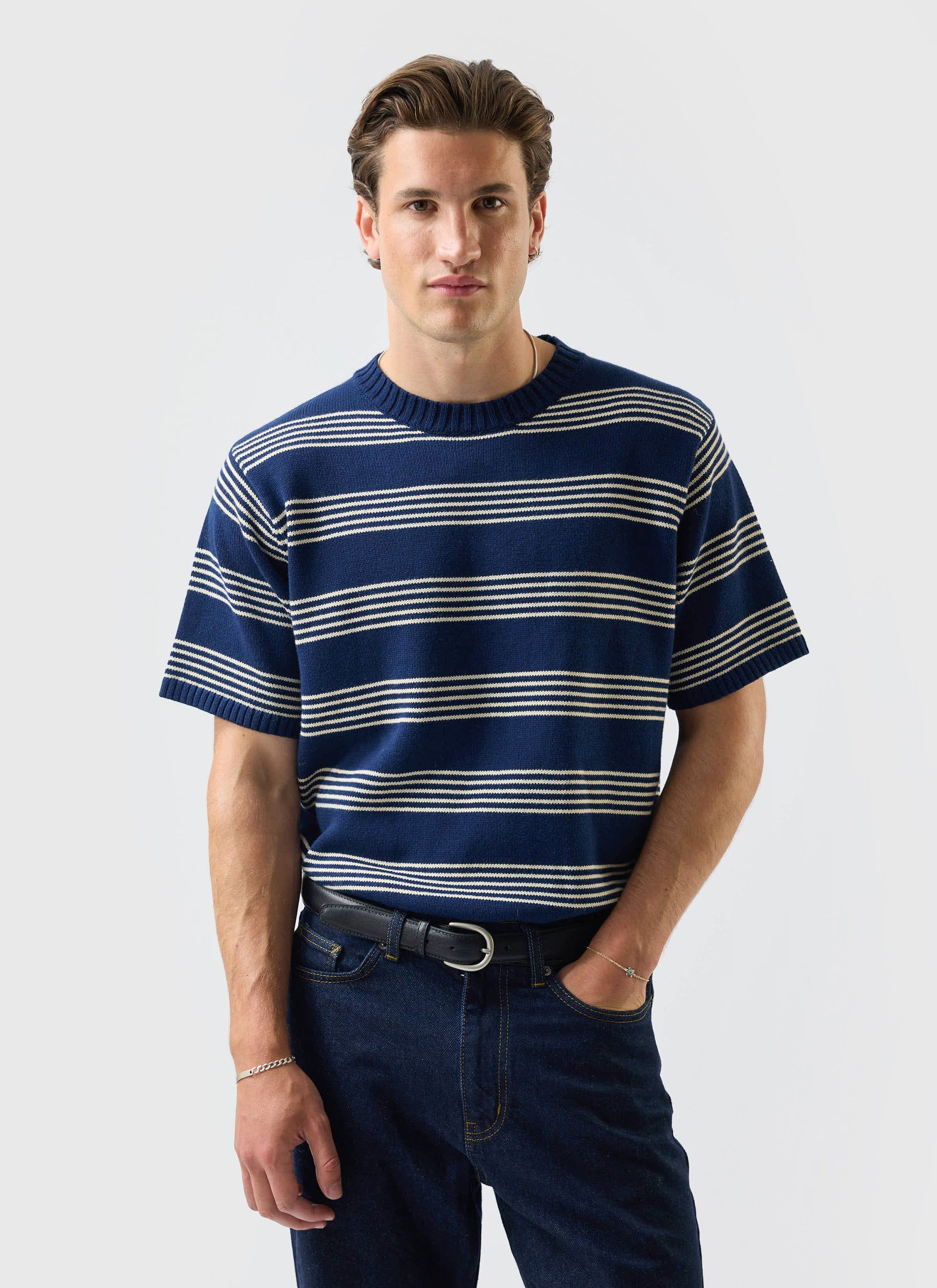 Fiction Striped Knitted T Shirt | Cotton | Navy