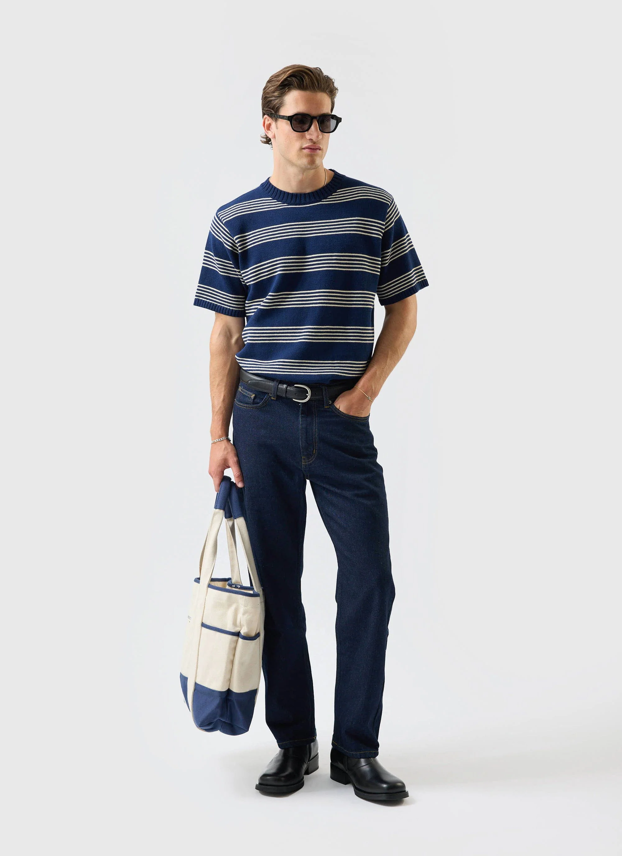 Fiction Striped Knitted T Shirt | Cotton | Navy - Image 2