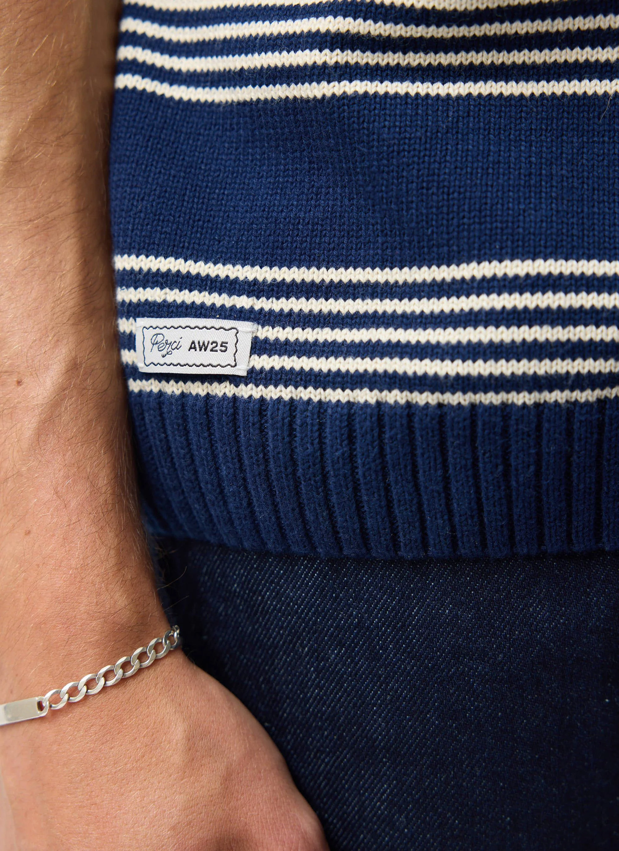 Fiction Striped Knitted T Shirt | Cotton | Navy - Image 3