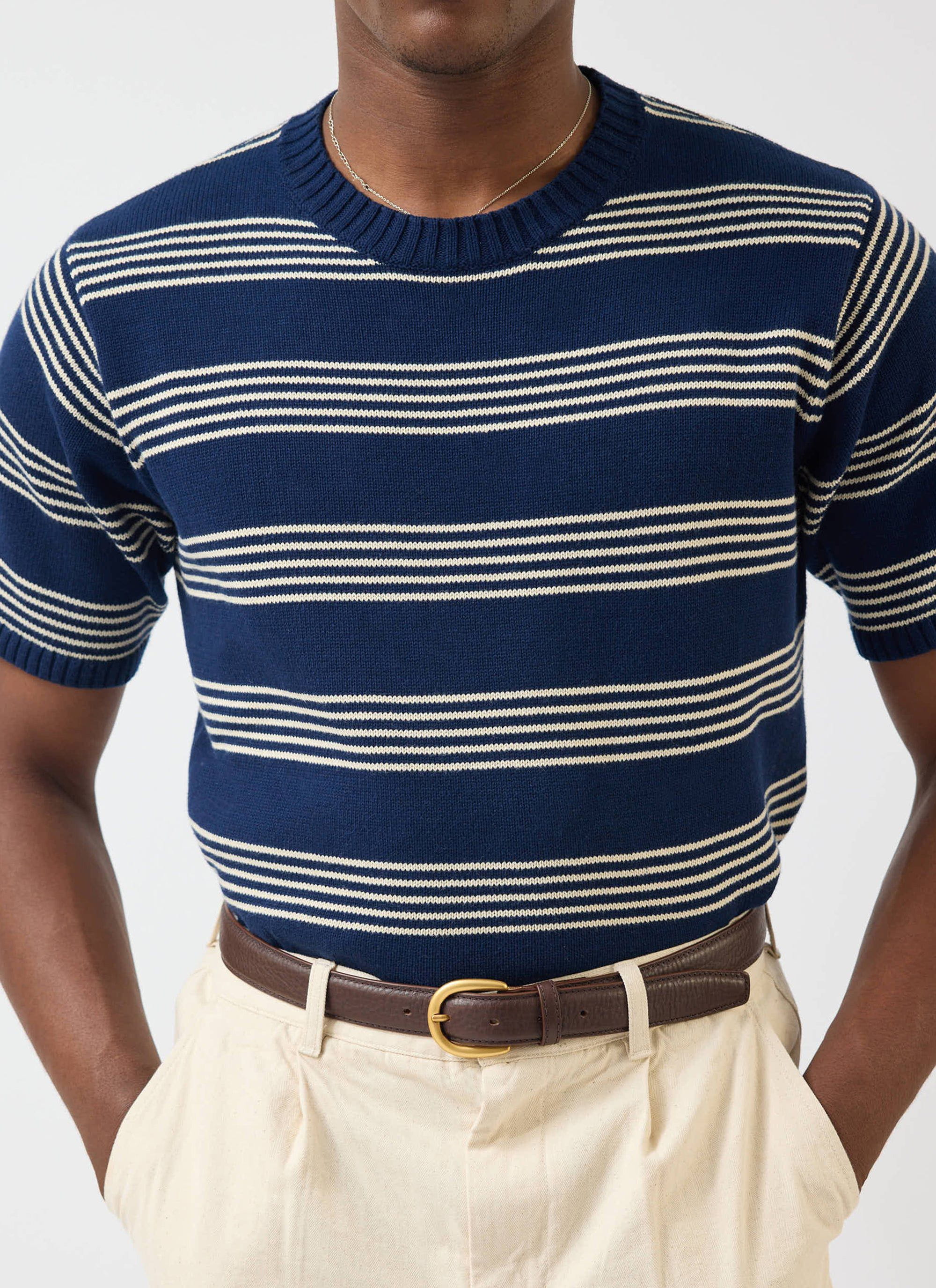 Fiction Striped Knitted T Shirt | Cotton | Navy - Image 7