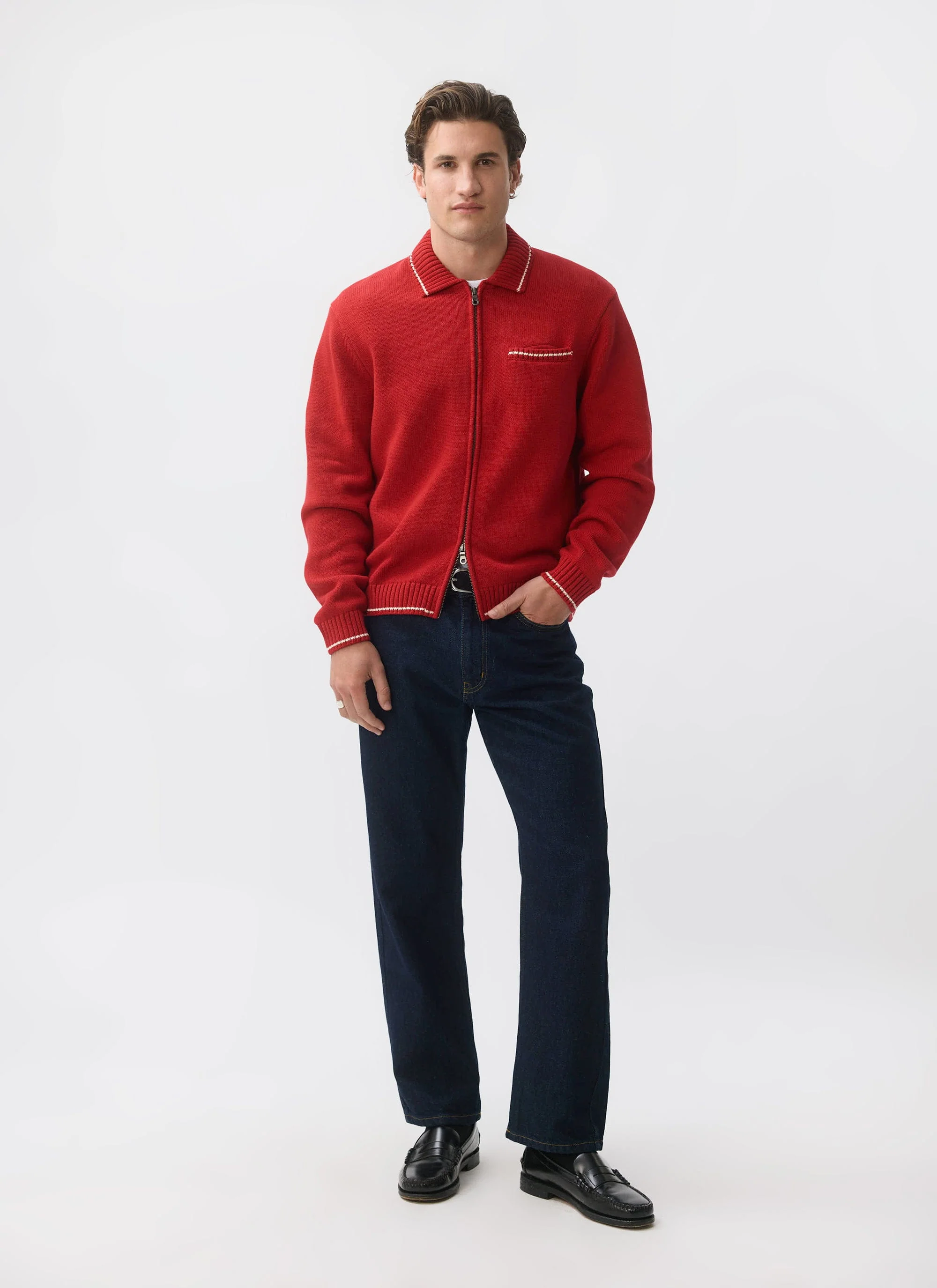 Gardner Dense Knitted Zip Cardigan | Cotton | Red - Image 3