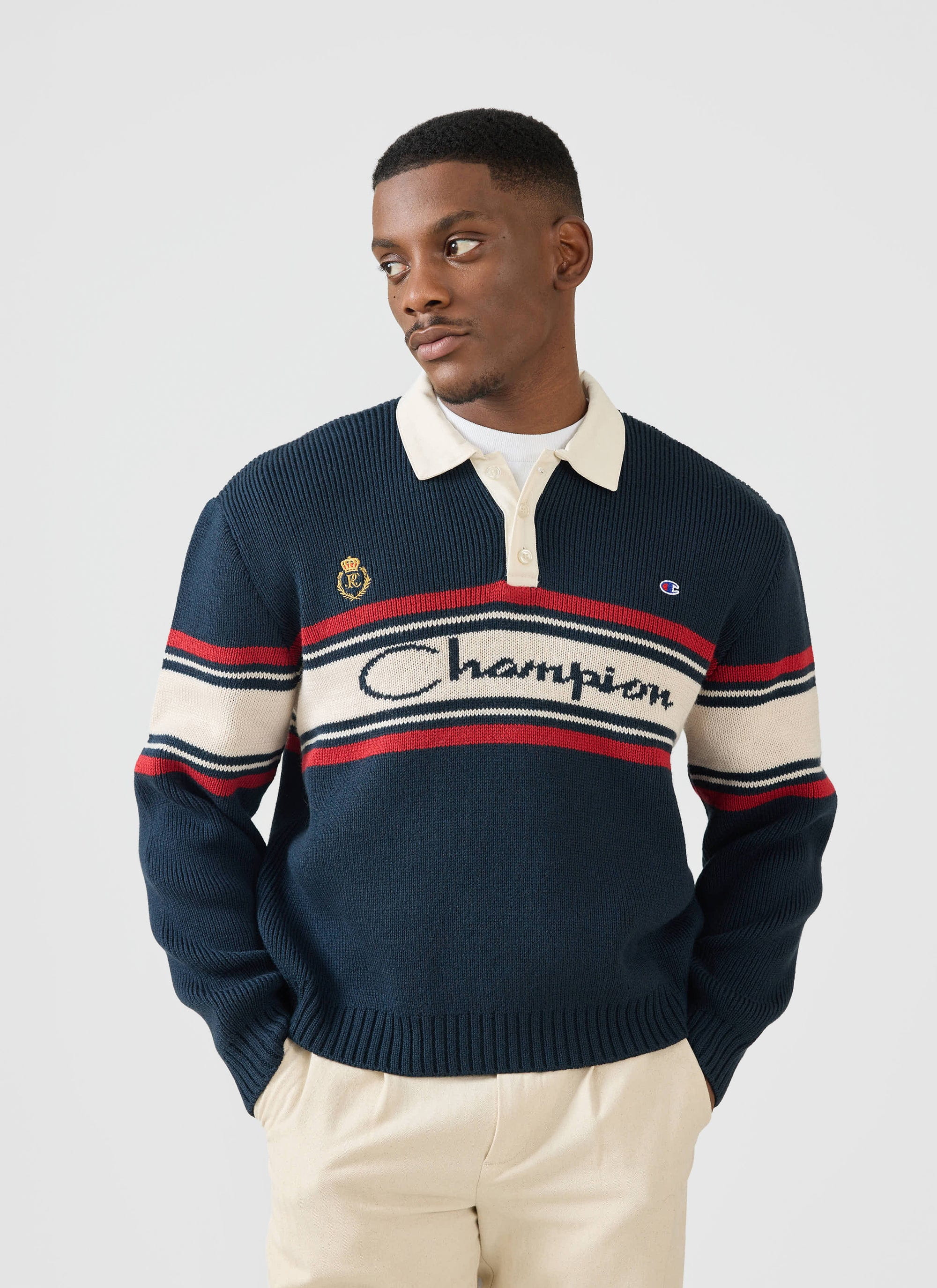 Jacquard Knitted Rugby Polo Shirt | Champion x Percival | Navy - Image 5