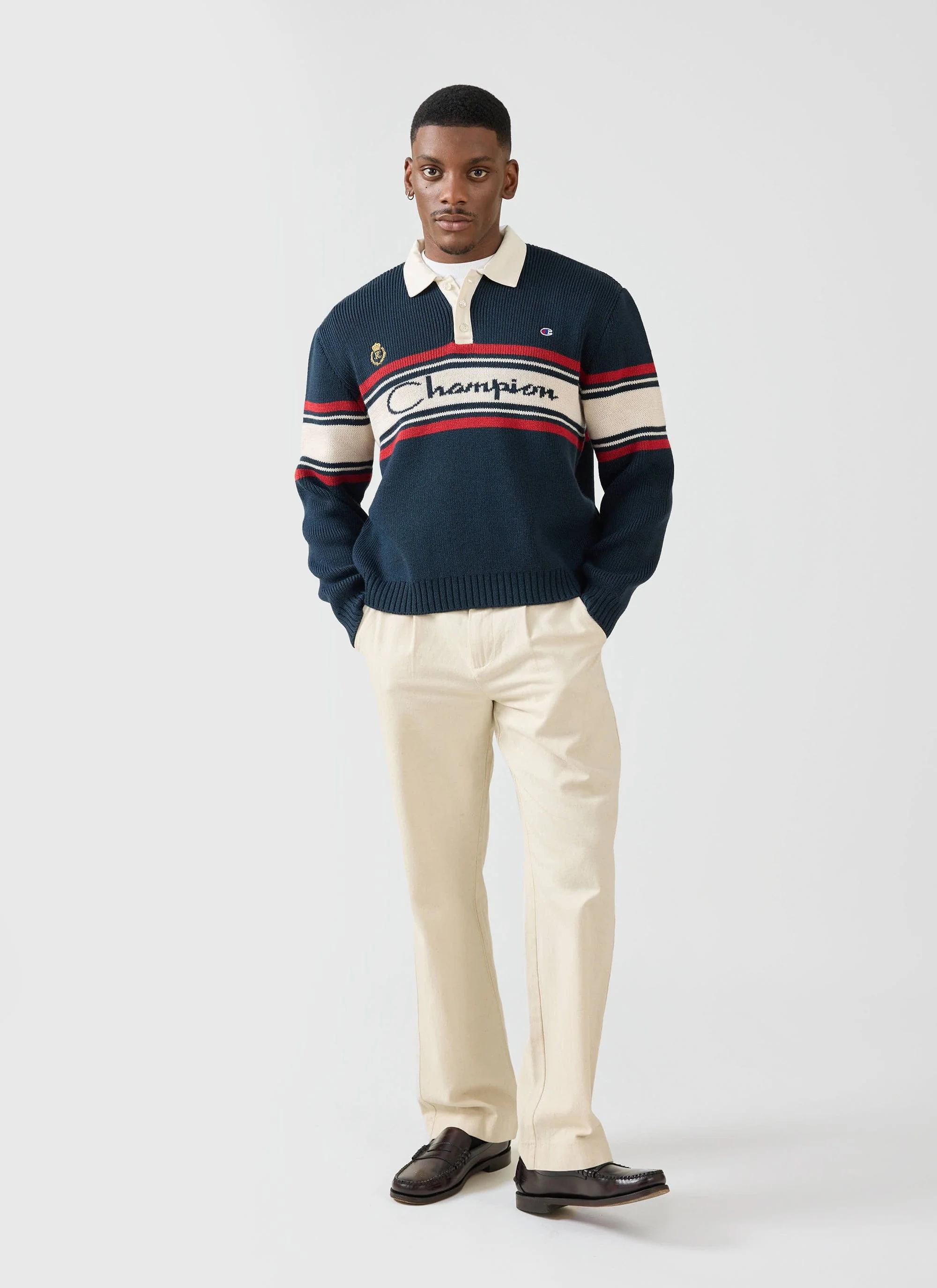 Jacquard Knitted Rugby Polo Shirt | Champion x Percival | Navy - Image 7