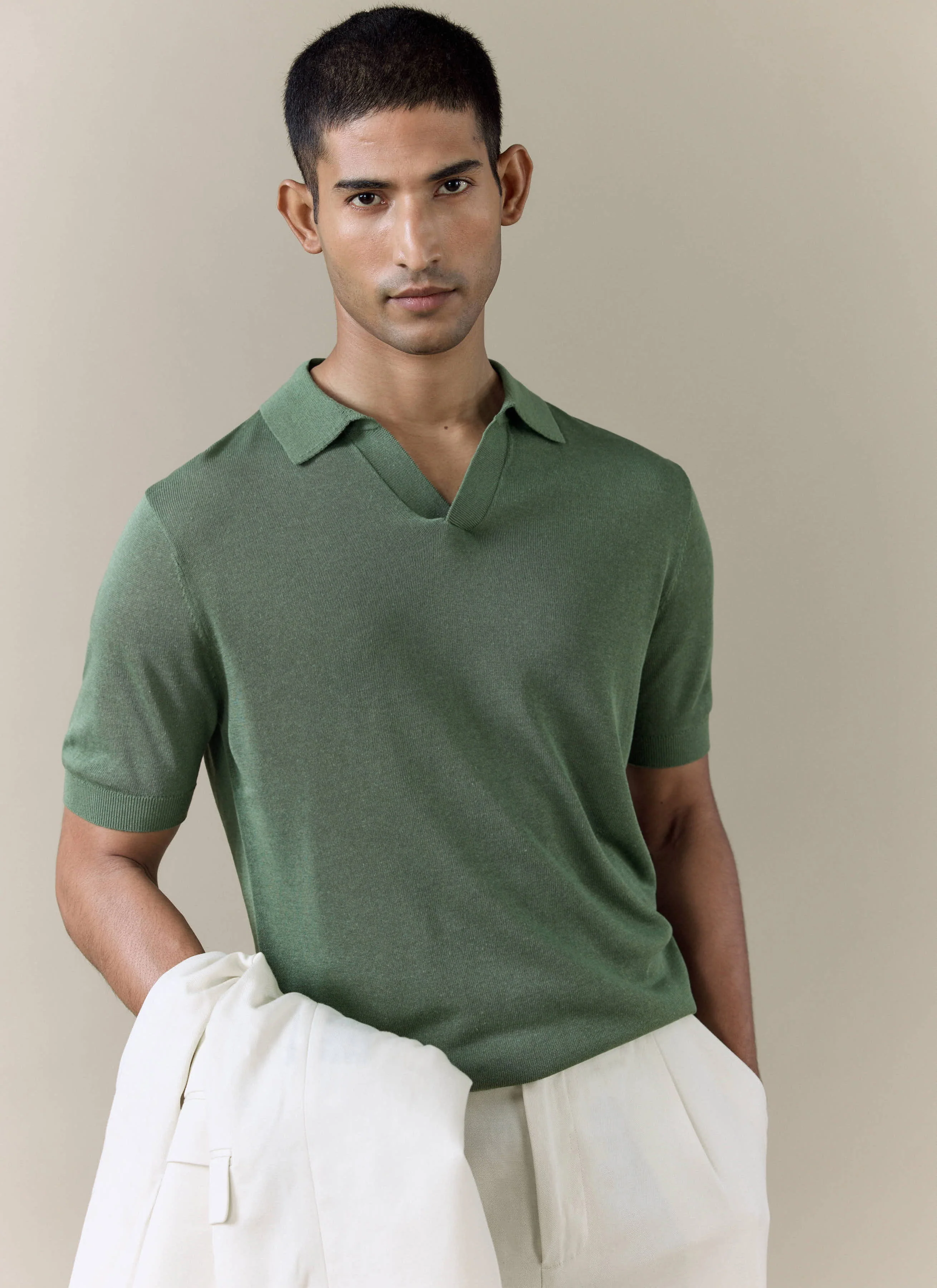 Laurence Knitted Polo | Linen Lyocell Blend | Forest - Image 6