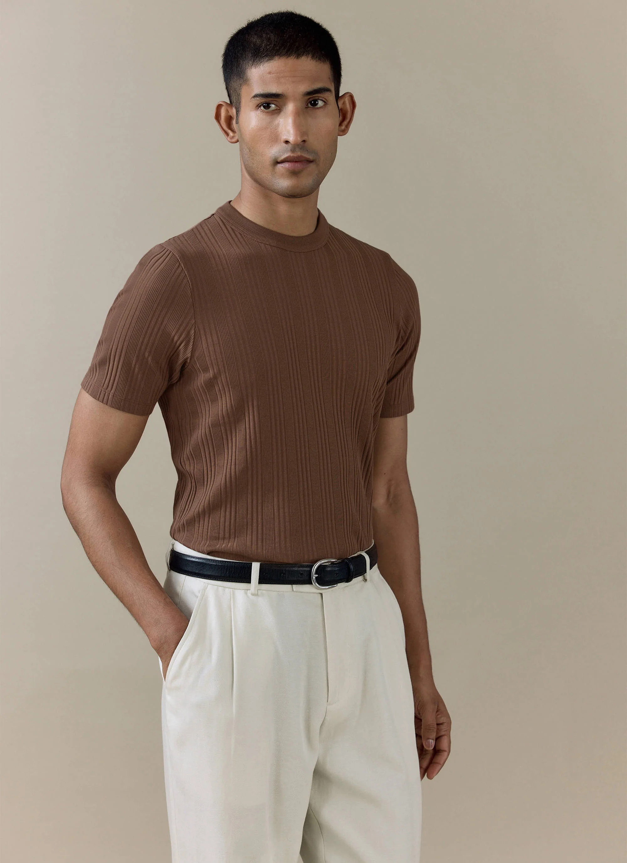 Leon Slim Ribbed T Shirt | Cotton | Brown - Image 4