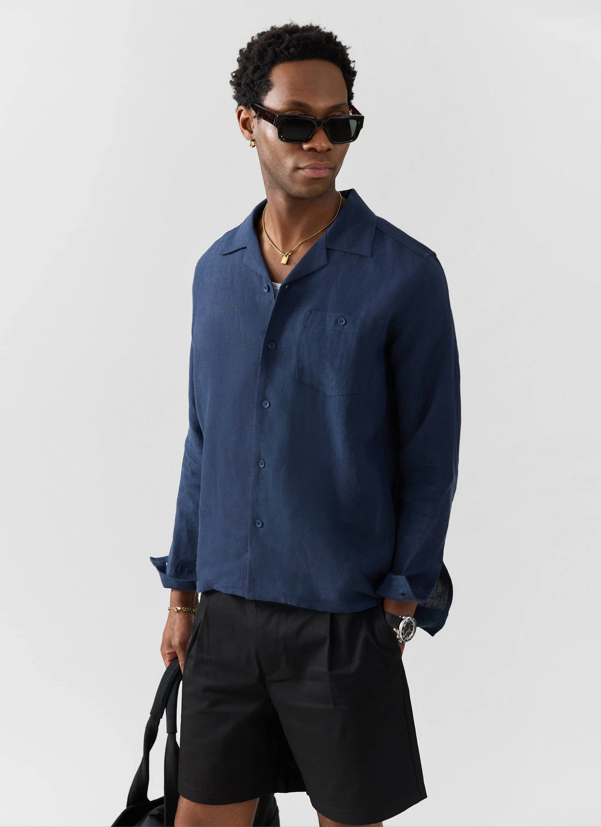 Long Sleeve Cuban Linen Shirt | Navy - Image 3