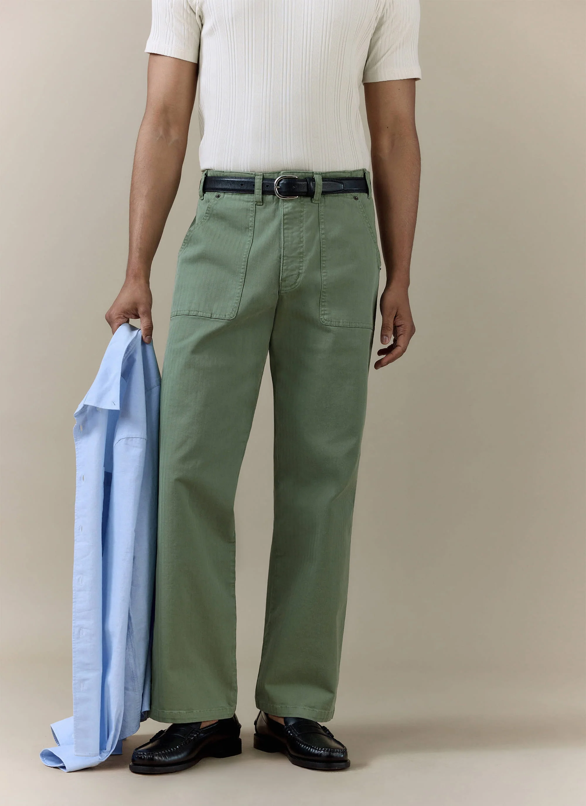 Lungo Herringbone Straight Trousers | Cotton | Sage