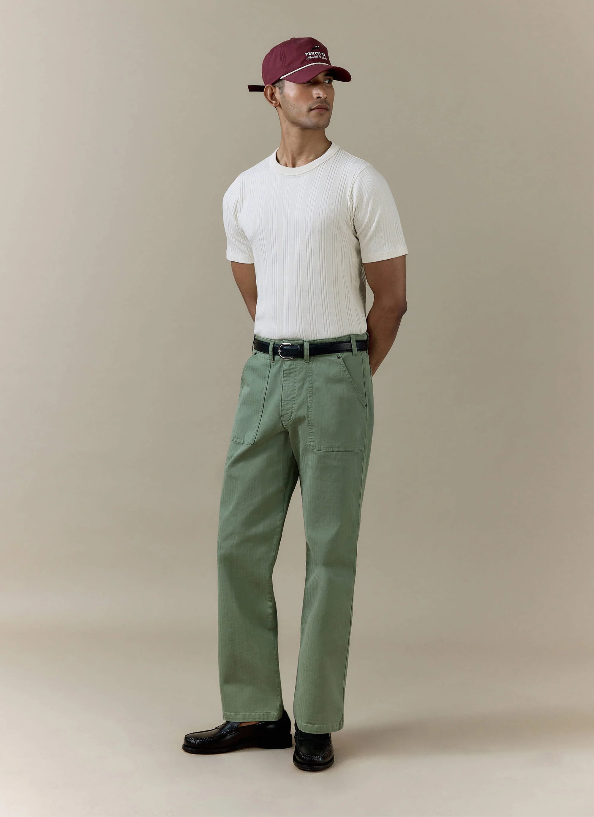 Lungo Herringbone Straight Trousers | Cotton | Sage - Image 3