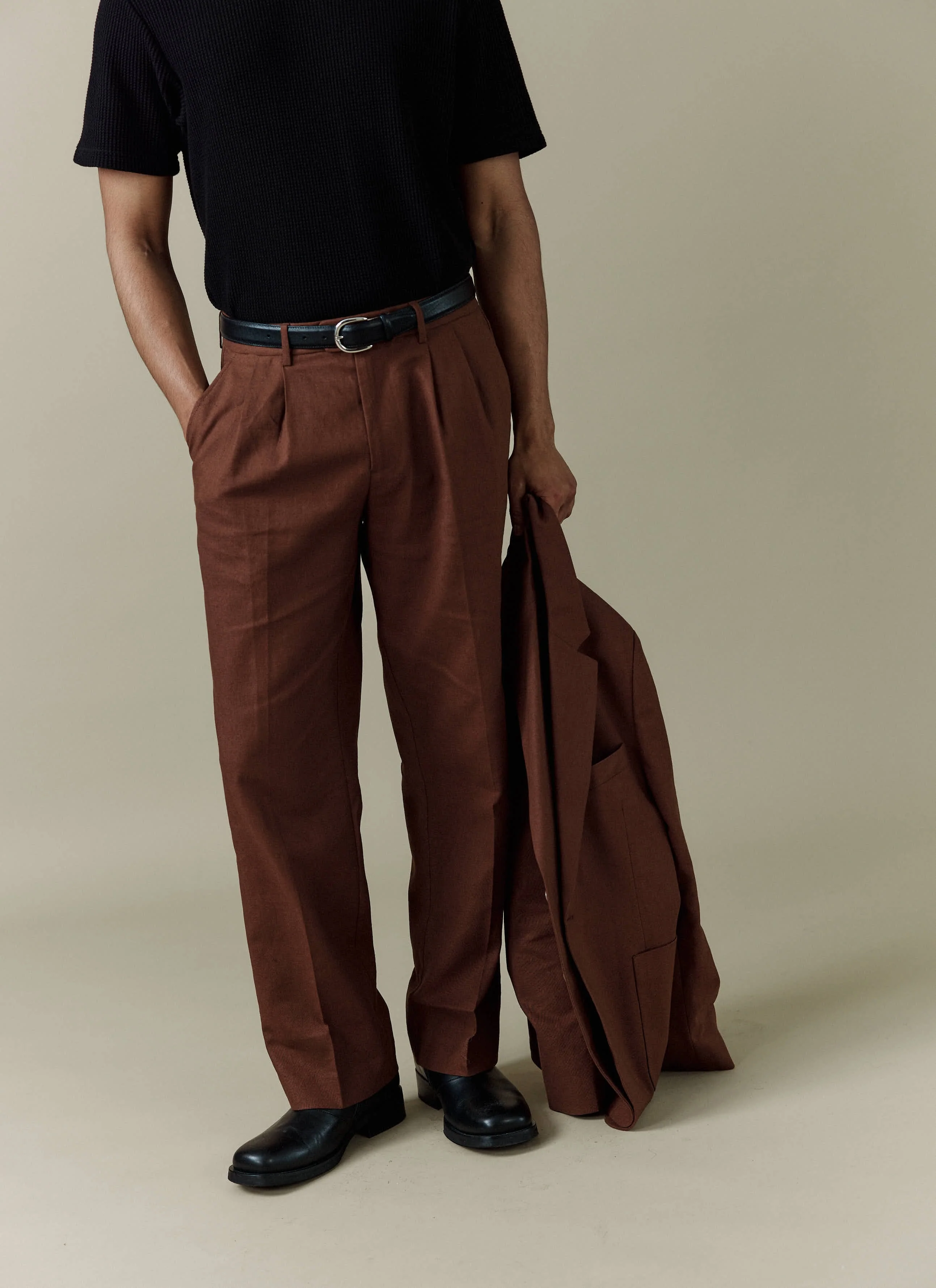 Pleated Tailored Trousers | Linen | Brown - Image 3