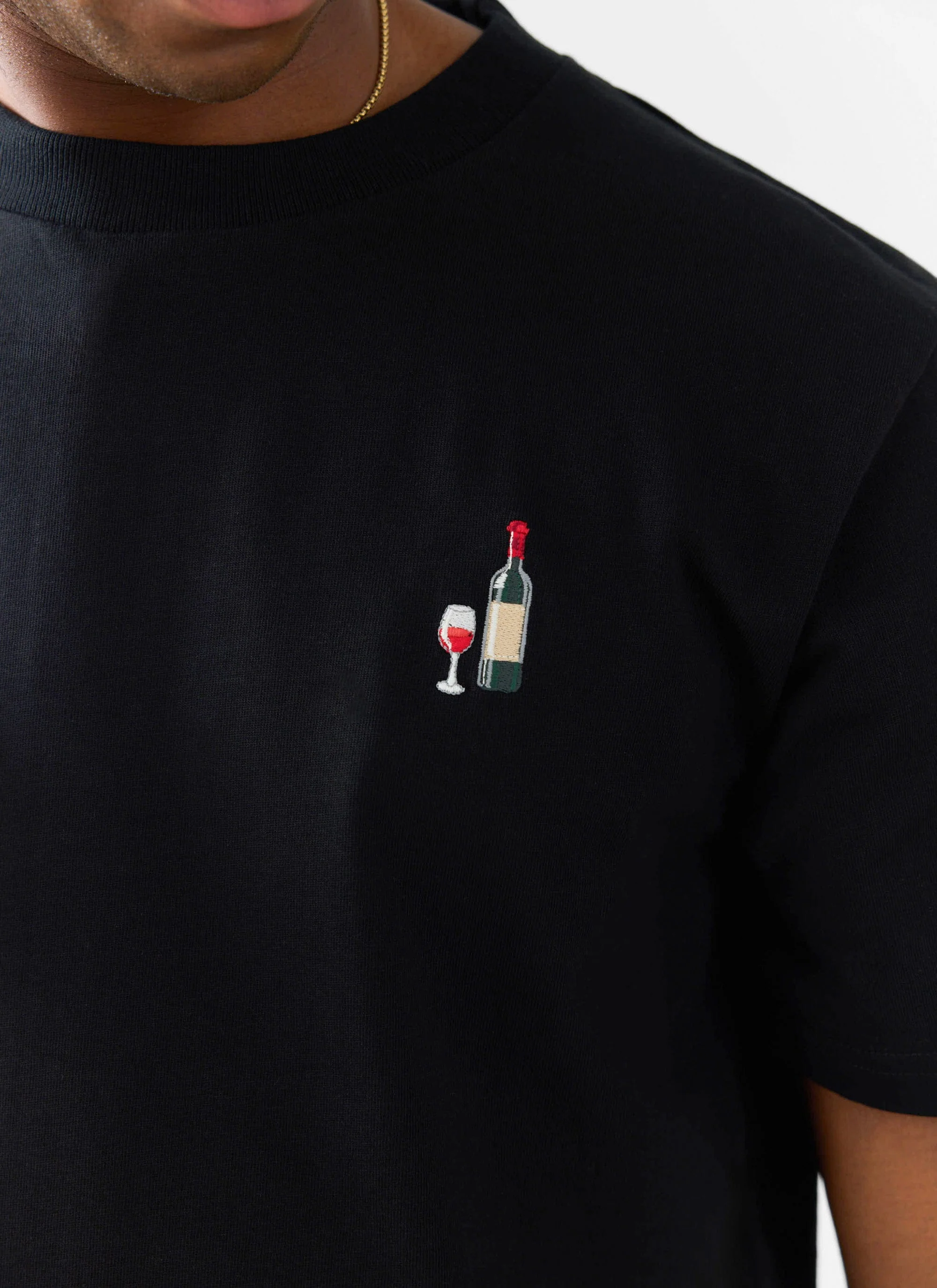Red Wine Embroidered T Shirt | Organic Cotton | Black