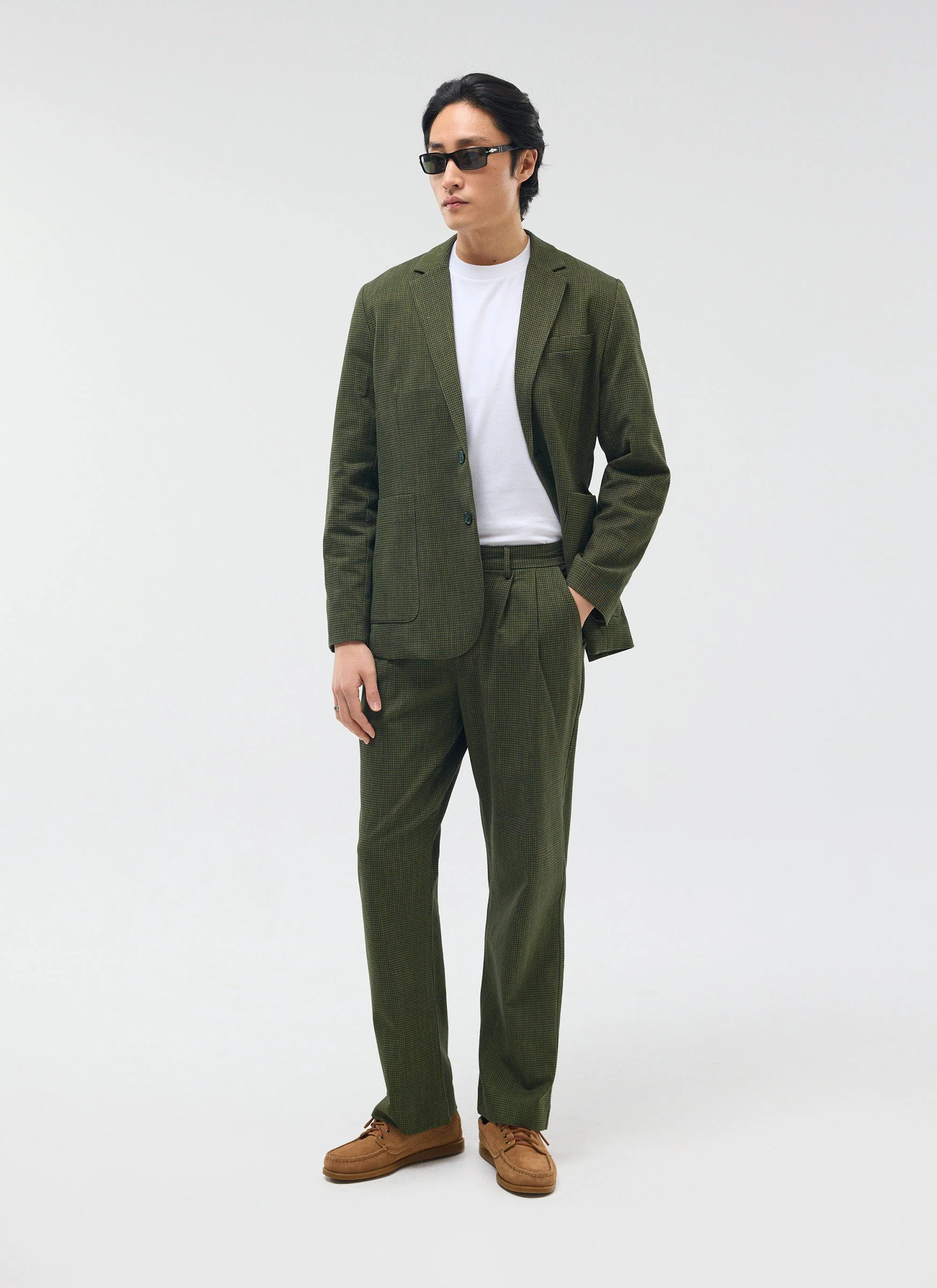 Pleated Tailored Trousers | Micro Check | Forest Green - Image 6