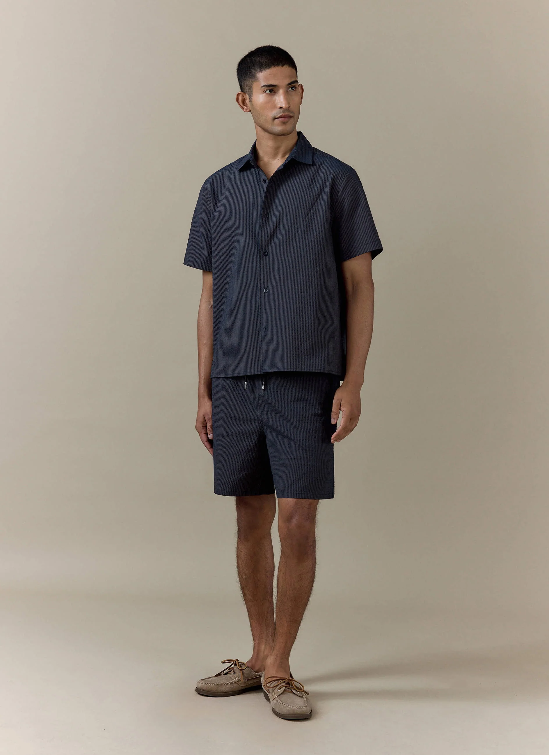 Rowan Seersucker Boxy Shirt | Cotton | Navy Stripe - Image 3