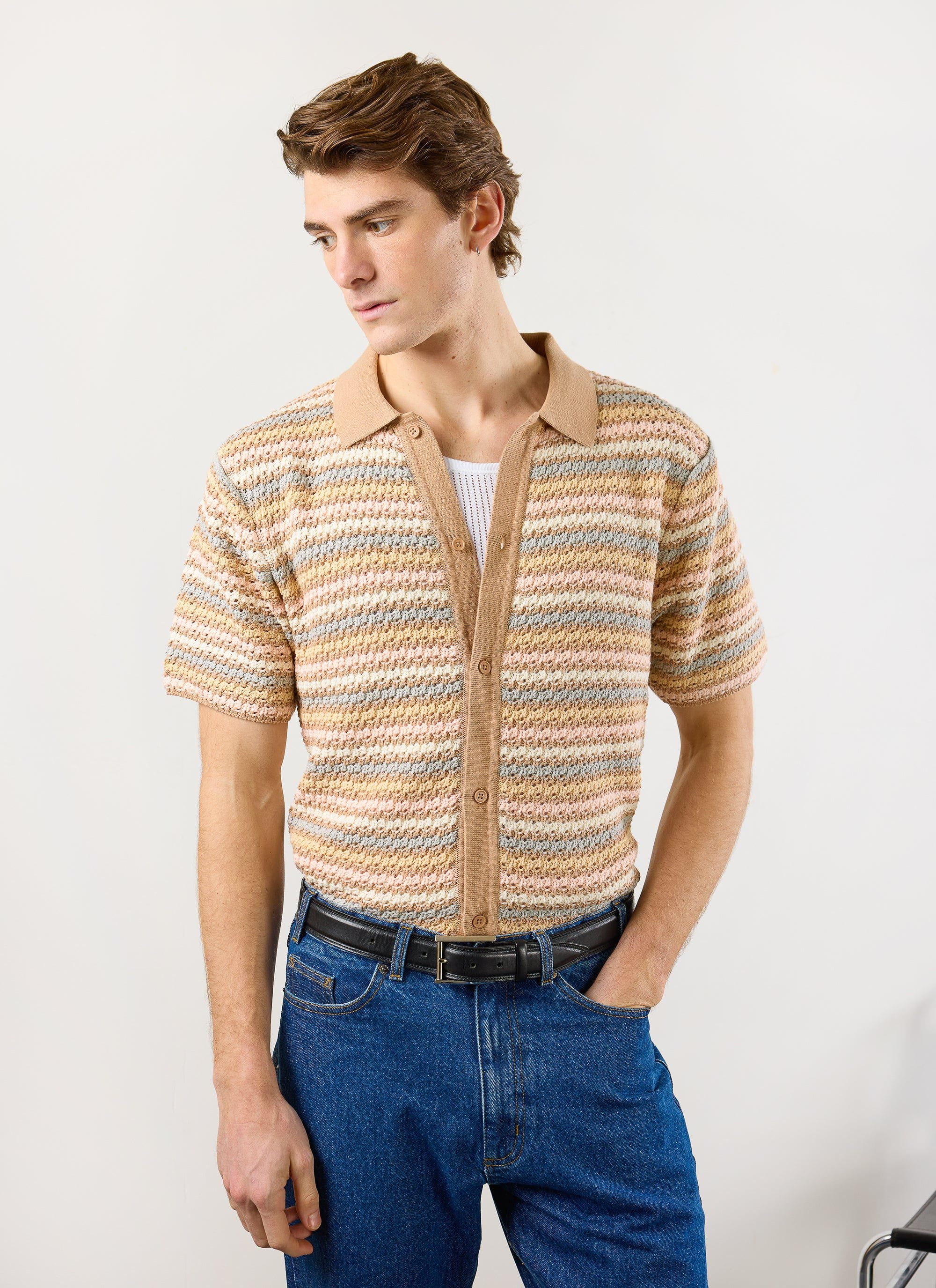 Sari Stripe Knitted Shirt | Cotton | Cream