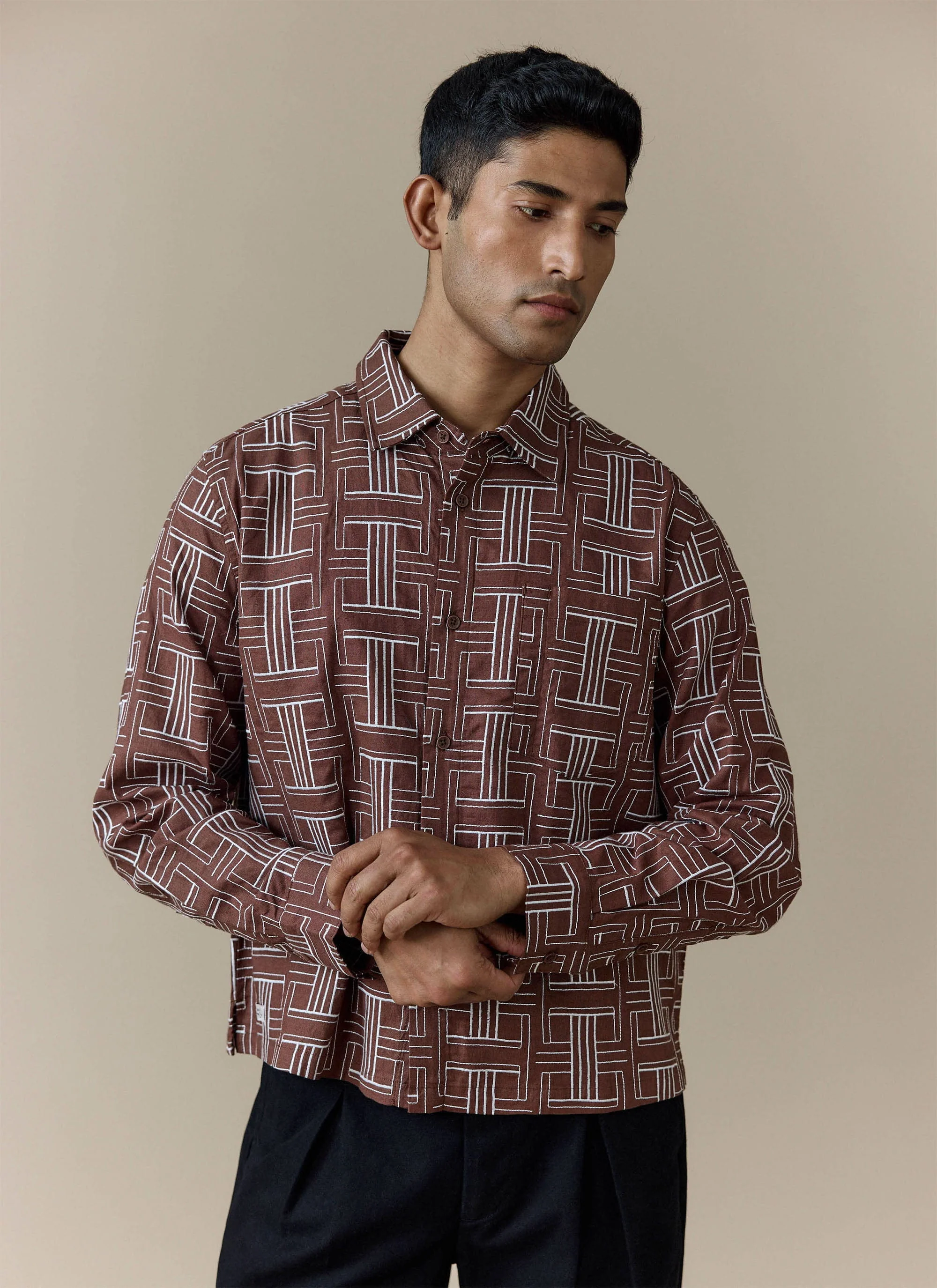 Sashiko Boxy Shirt | Cotton | Brown
