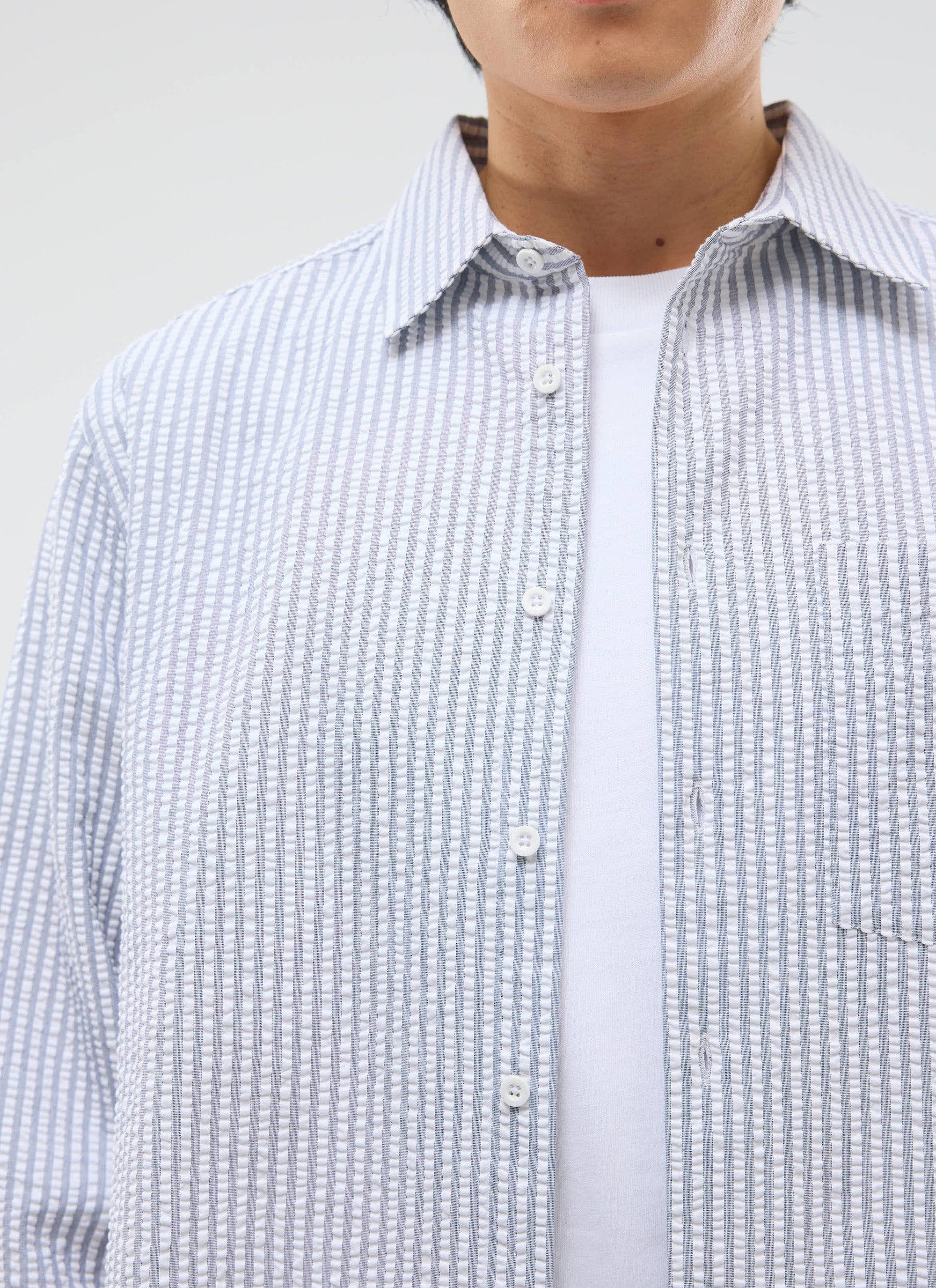 Seersucker Stripe Pearce Shirt | Cotton | Grey - Image 5