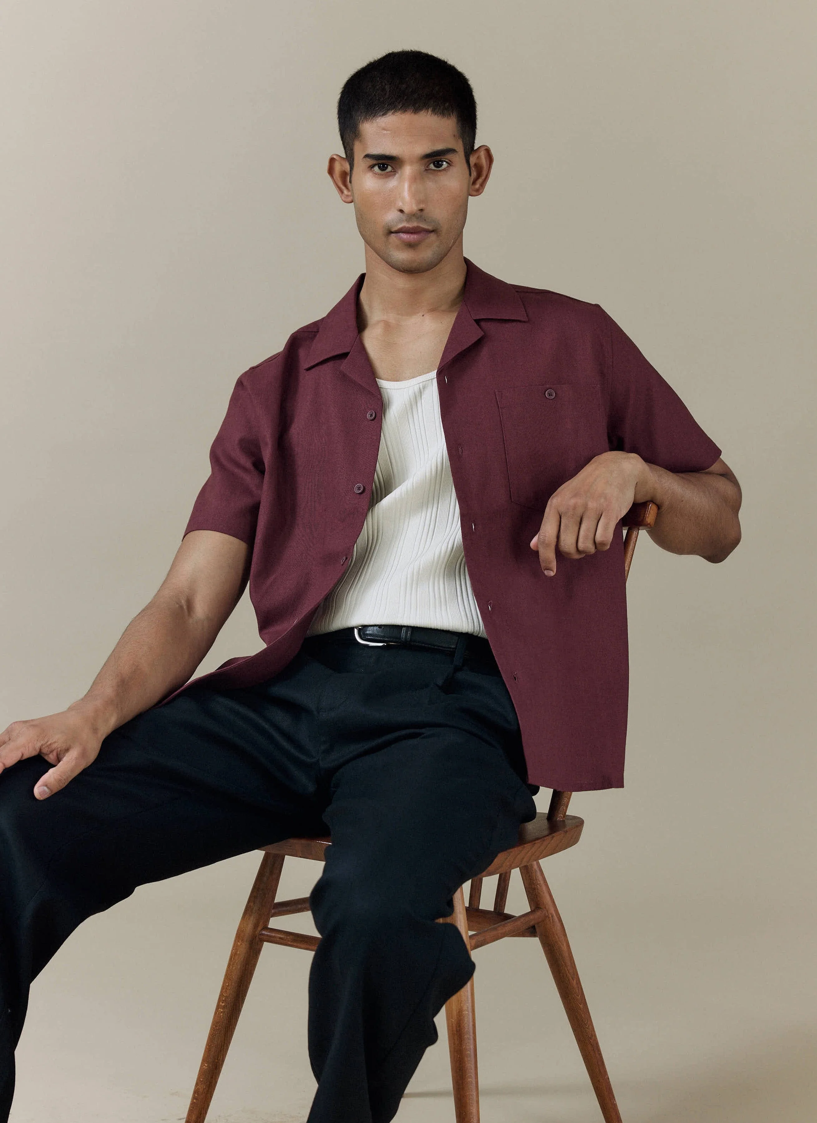 Short Sleeve Cuban Shirt | Linen | Merlot - Image 5