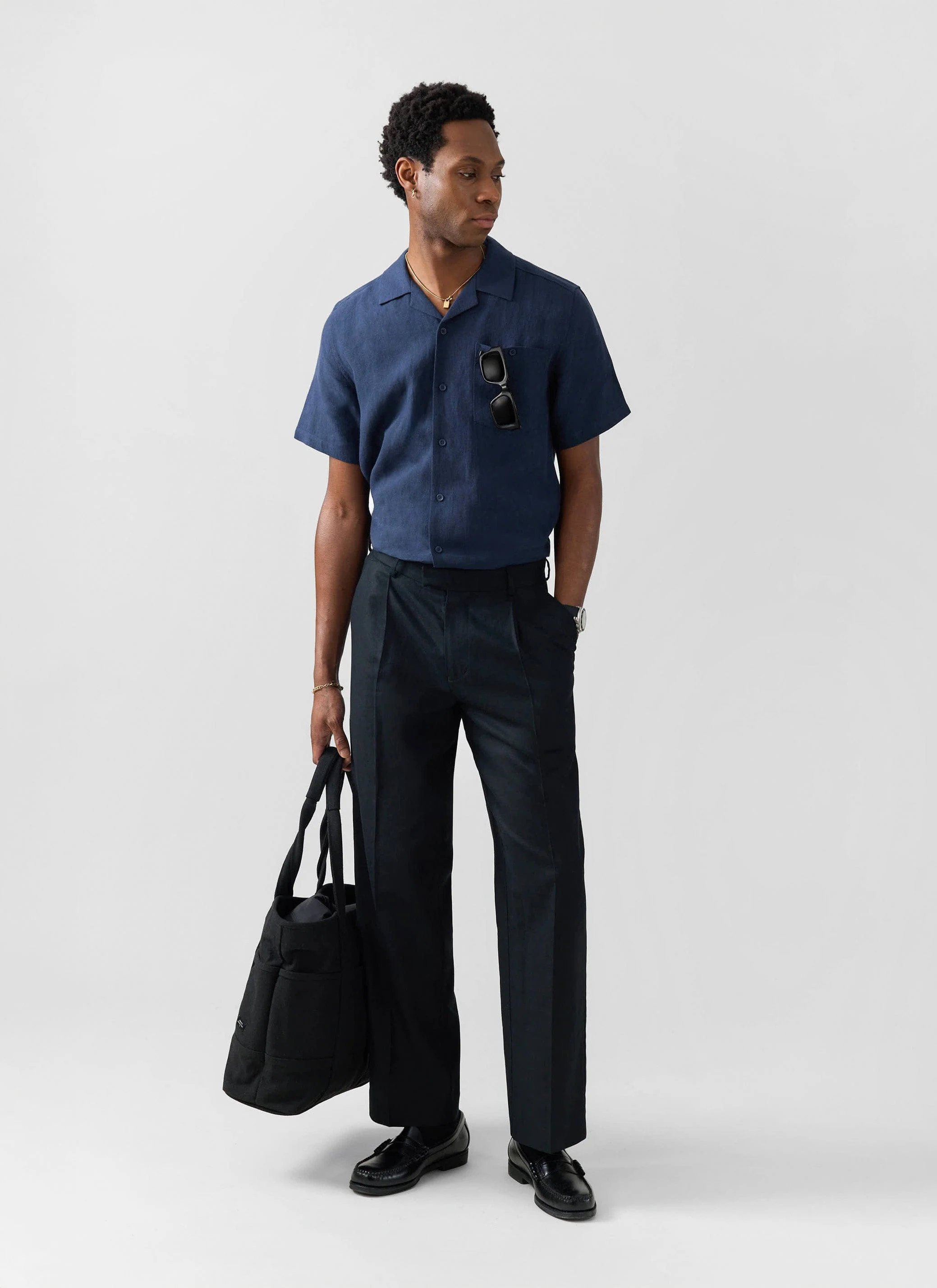 Short Sleeve Cuban Shirt | Linen | Navy - Image 3