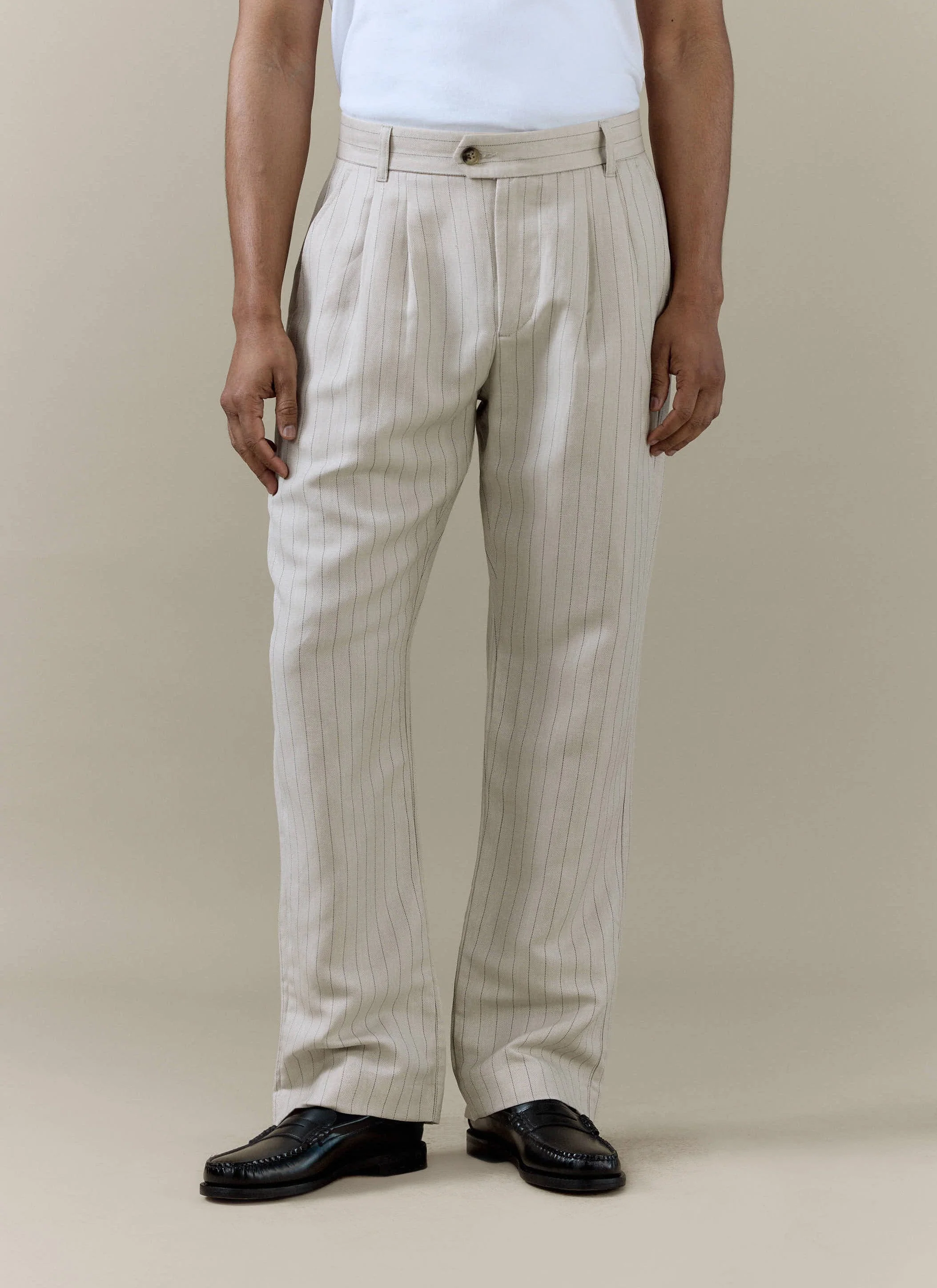 Striped Pleated Tailored Trousers | Linen Blend | Cream