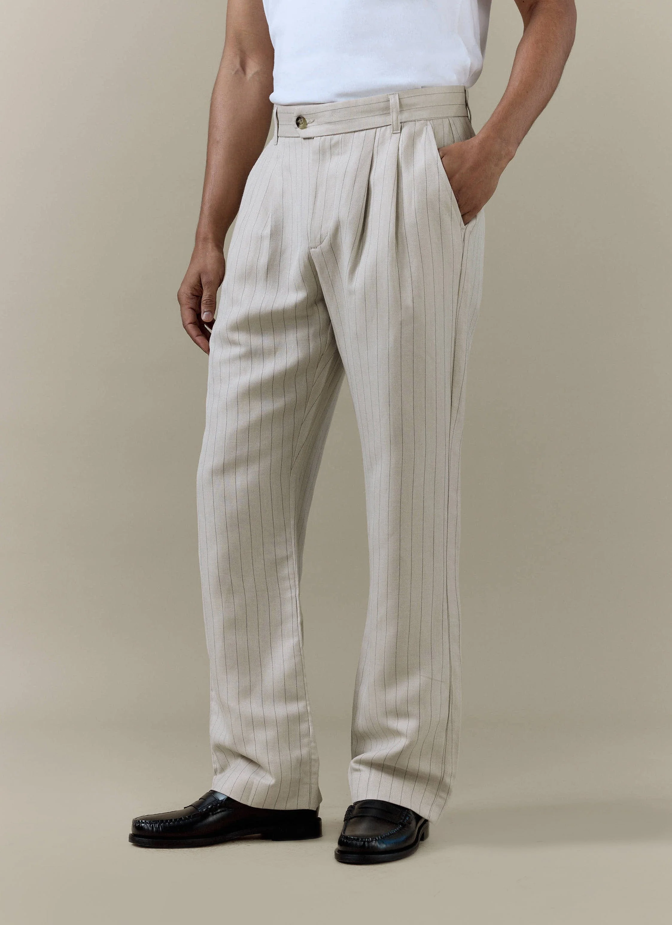 Striped Pleated Tailored Trousers | Linen Blend | Cream - Image 4