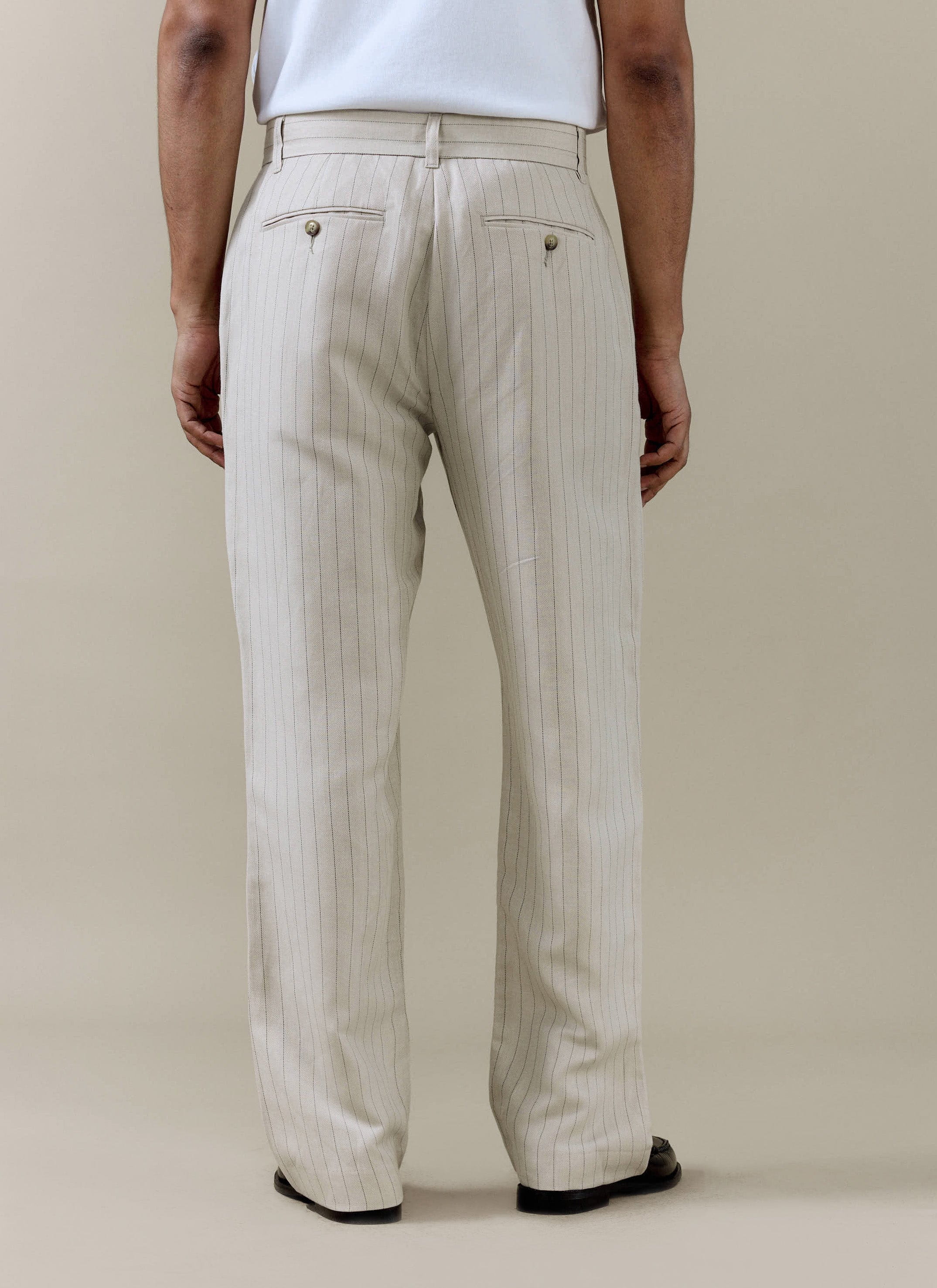 Striped Pleated Tailored Trousers | Linen Blend | Cream - Image 5