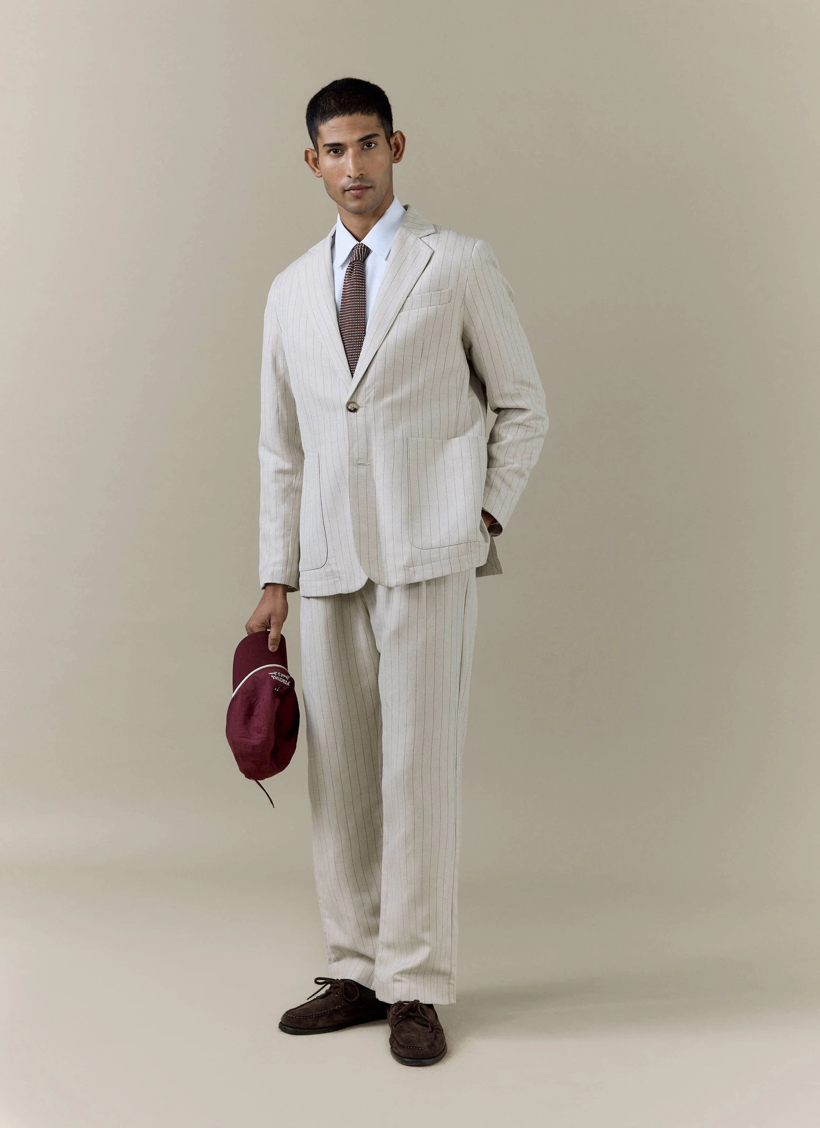 Striped Pleated Tailored Trousers | Linen Blend | Cream - Image 2
