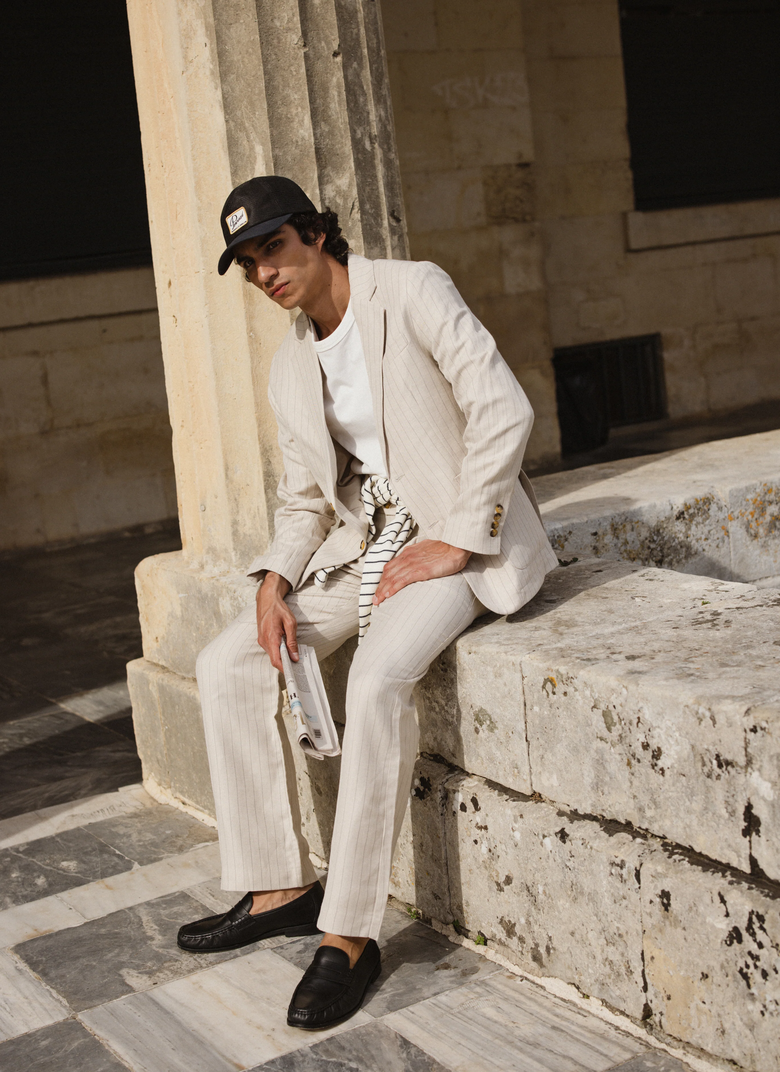 Striped Pleated Tailored Trousers | Linen Blend | Cream - Image 3