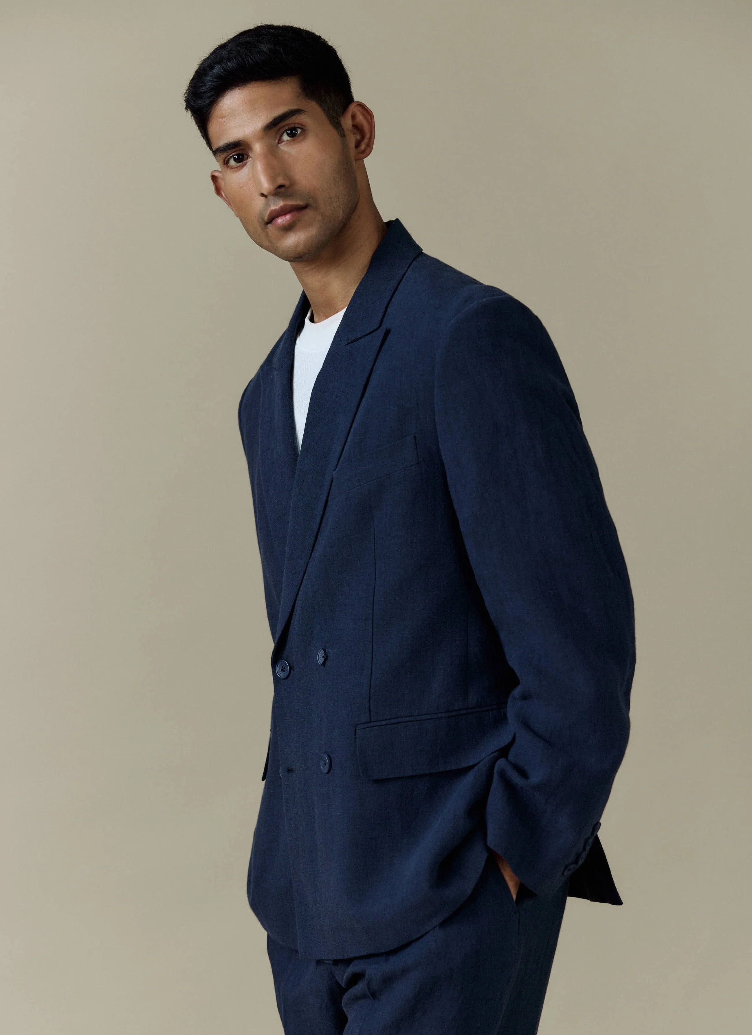 Tailored Two Piece Double Breasted Suit | Linen | Navy - Image 3